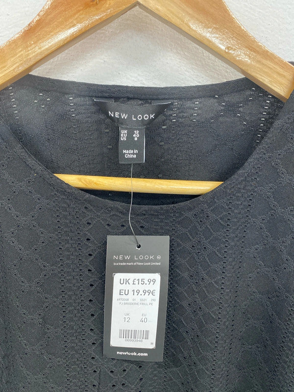 New Look Chic Black Broderie Peplum Top UK 12 NN001