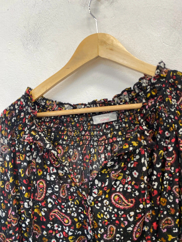 Lovely papaya semi sheer paisley black pattern blouse top Uk 24 IM001
