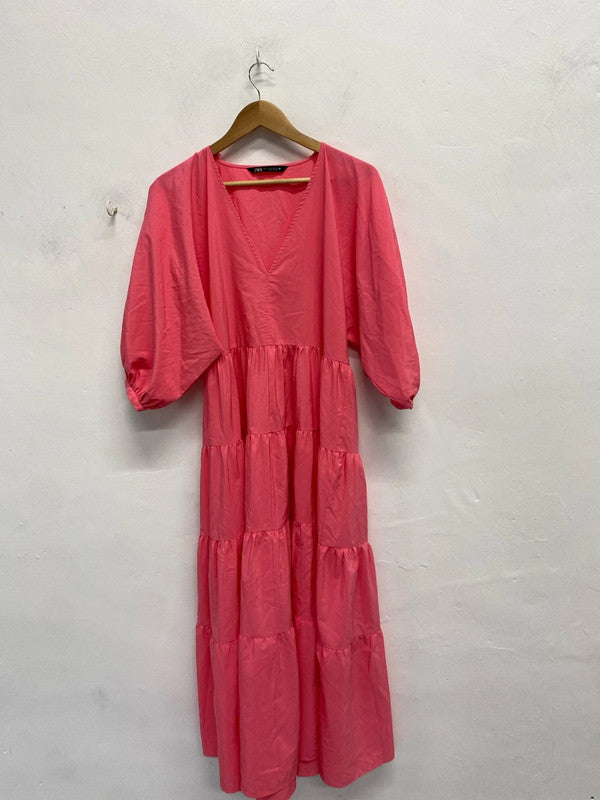 Stunning Zara pink tiered smock maxi dress cerise pink UK S KS002