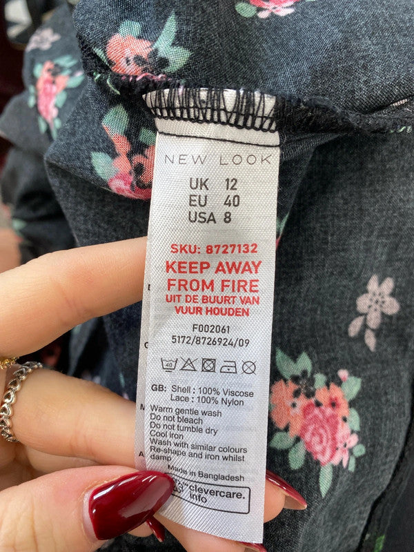 Lovely new look black red floral lace neck mini dress UK 12 LB010