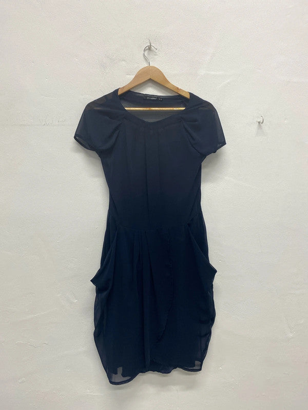 Stunning Navy sheer mesh with slip party occasion dress classy Uk10 MA003