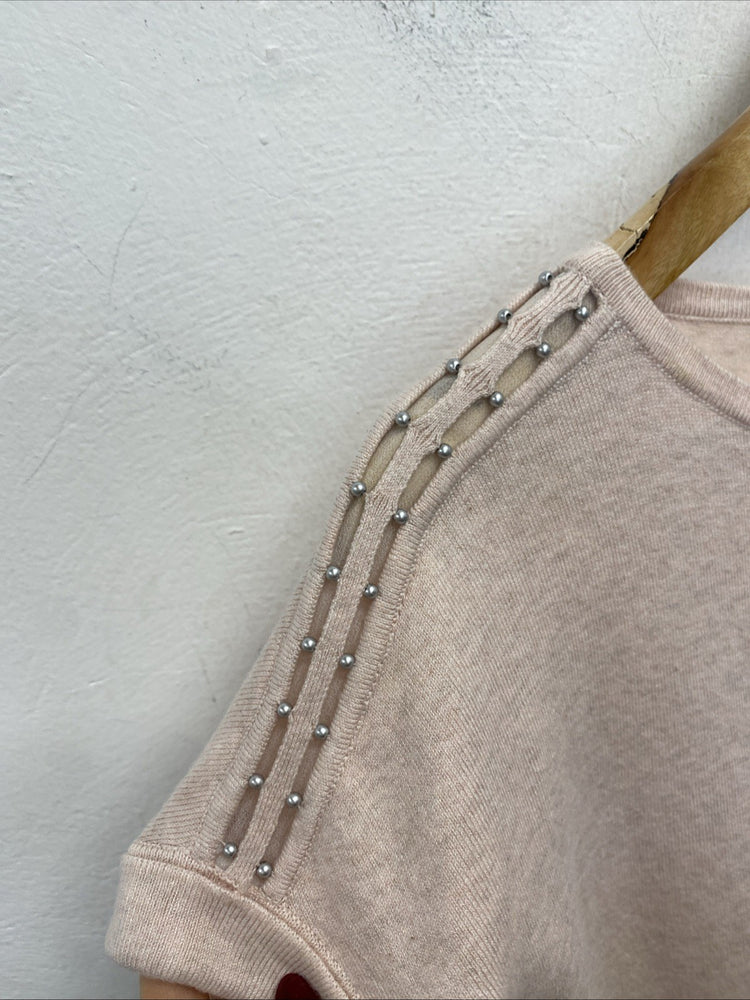 Mint Velvet sheer V spring knit top short sleeve jumper pink beaded UK XS SS004