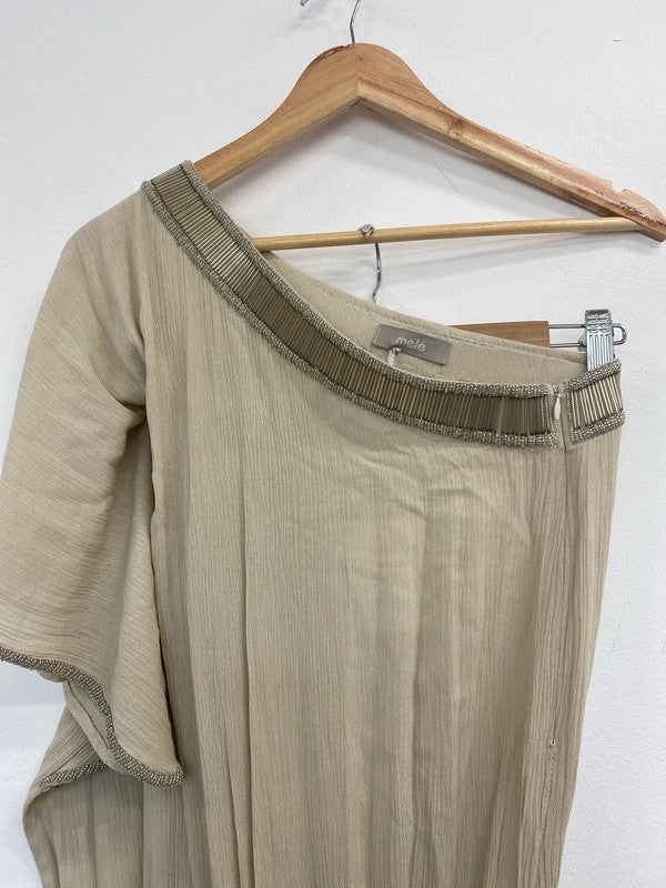 Mele Elegant Taupe Gold Beaded Collar Jumpsuit UK 12 MB001