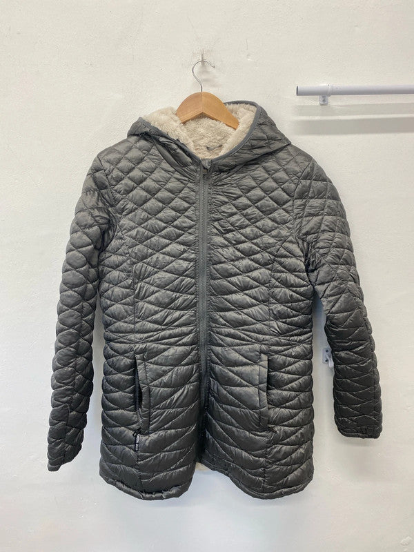 Fabulous Steve Madden silver quilted puffer jacket faux fur lining UkL (16) MW001