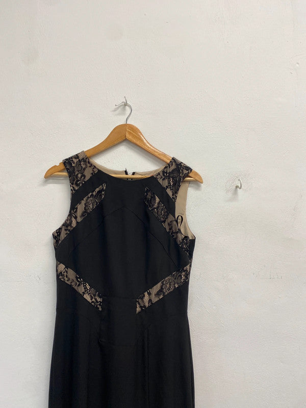 Stunning miso black beige lace maxi formal mermaid dress UK 12 MS002