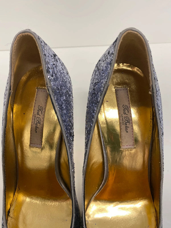 Fabulous Ted Baker Mayter pewter silver glitter stilettos Uk5 JA002