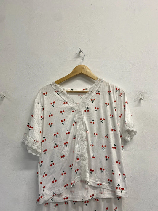 Lovely duo coord cherry pyjamas white Shien UK XL #42 LD003