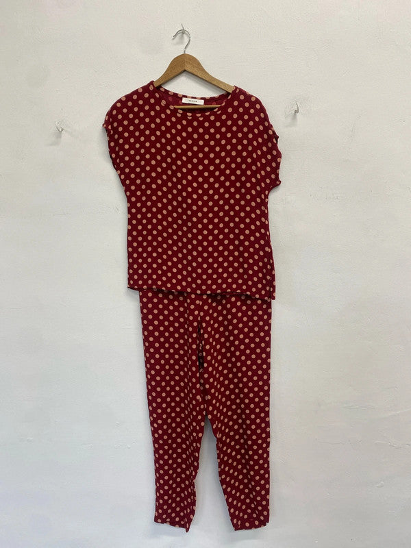 Lovely vanilia red pink polka trouser top set UK 10 SS002