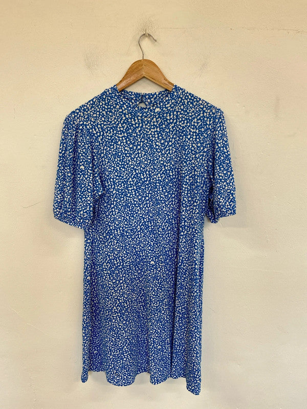 M&S Stylish Blue & White Speckle Pattern Mini Jersey Dress UK 16 GW001