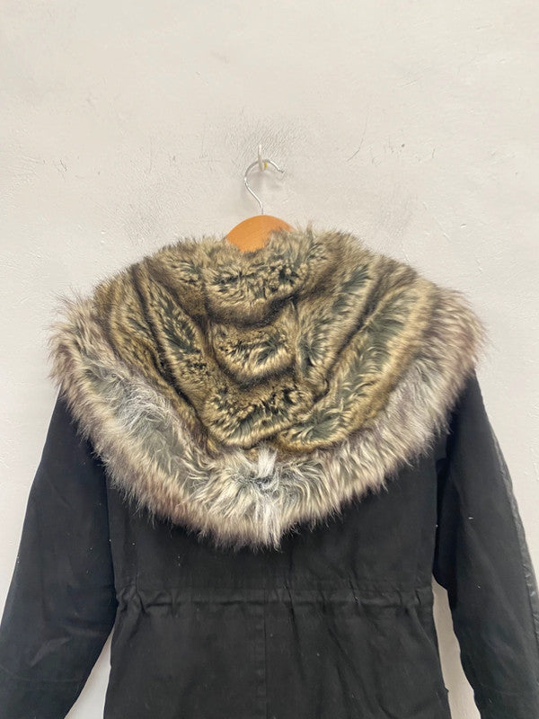Lovely French connection fur hood parka black UK 6 KM004
