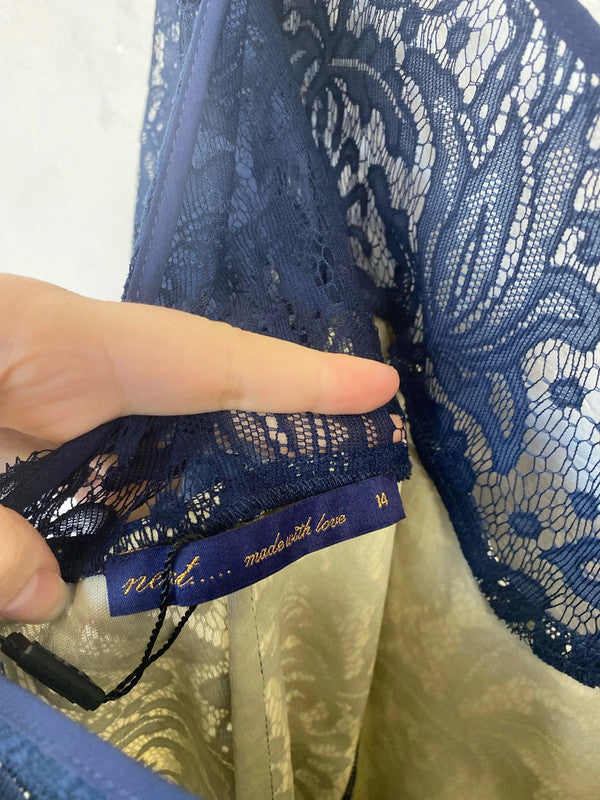 Next Elegant Navy Lace Overlay Midi Dress UK 14 AO001