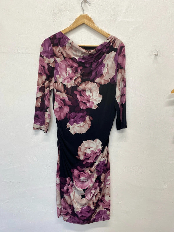 Phase Eight Gorgeous Purple & Black Rose Ruched Midi Dress UK 16 KM005