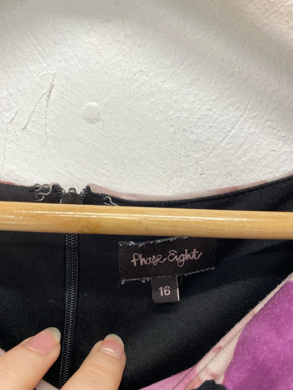 Phase Eight Gorgeous Purple & Black Rose Ruched Midi Dress UK 16 KM005