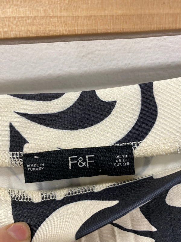 F&F Elegant Cream & Black Botanical Pattern Pleated Midi Skirt UK 10 LP003