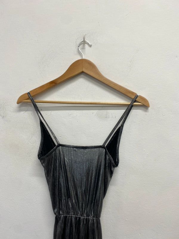 Stunning river island metallic silver split hem low neck dress UK S KM004