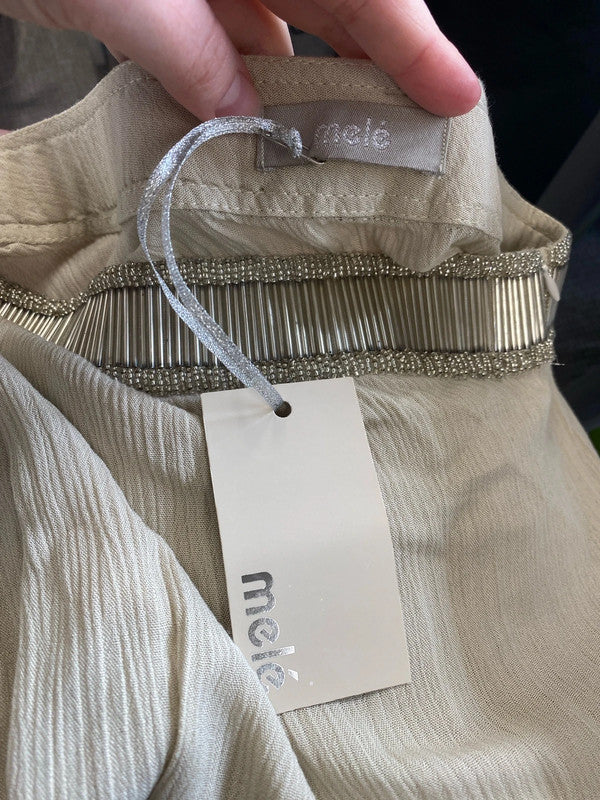 Mele Elegant Taupe Gold Beaded Collar Jumpsuit UK 12 MB001