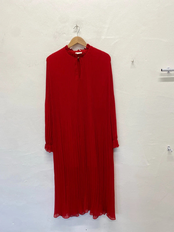 Stunning H&M red pleated maxi dress long sleeve UK 14 NC001