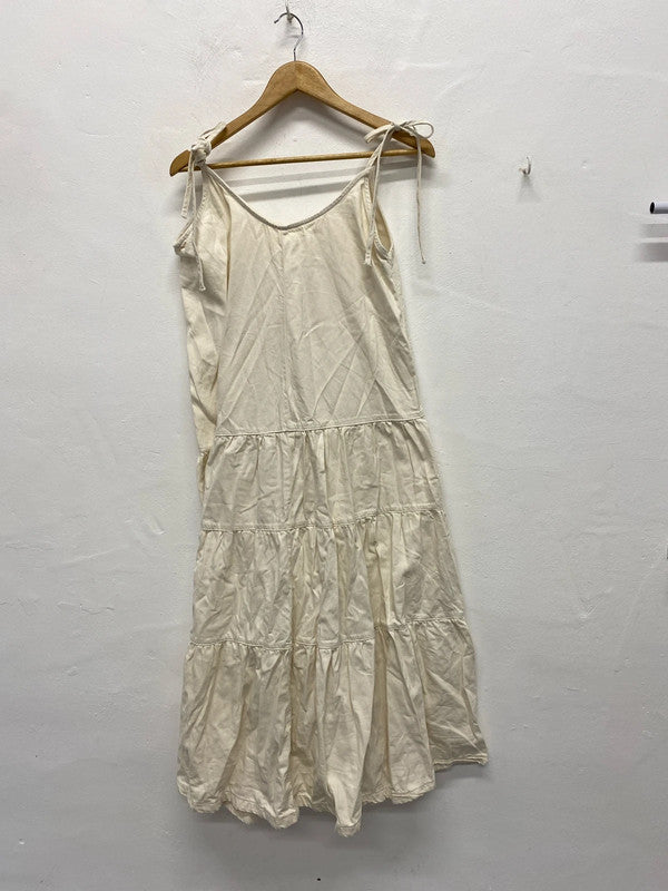 Fabulous cream lightweight denim Midaxi dress Uk12 tie straps KS002
