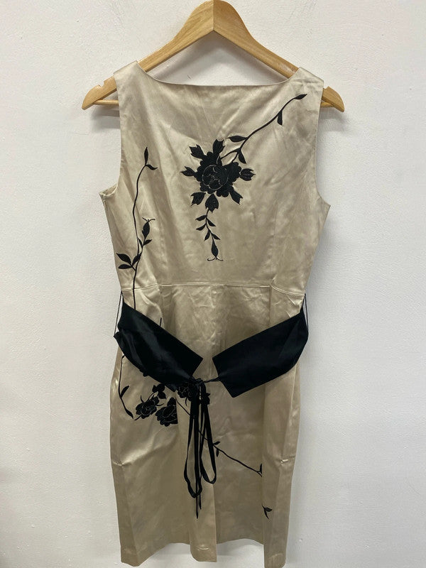 Coast Gorgeous Cream & Black Floral Embroidered Satin Belted Dress UK 14 AW002