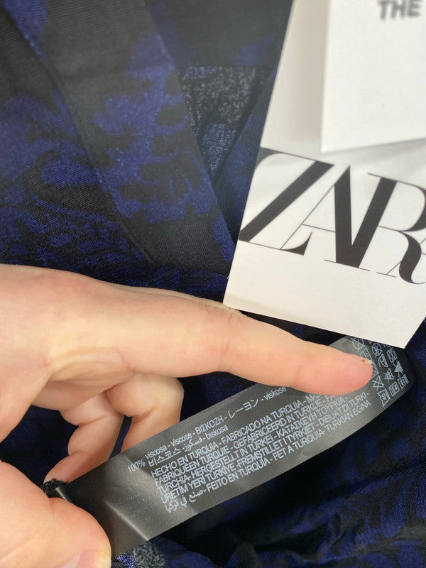 Zara Gorgeous Black & Blue Fleur De Lis Pattern Mini Dress Size M NN001