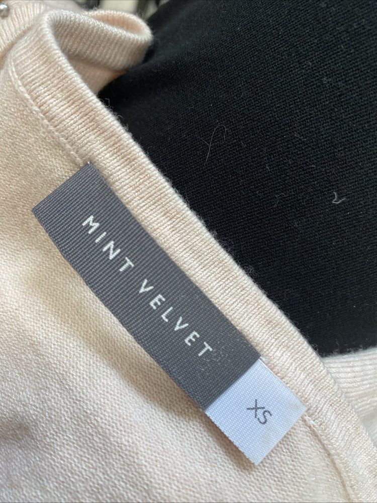 Mint Velvet sheer V spring knit top short sleeve jumper pink beaded UK XS SS004