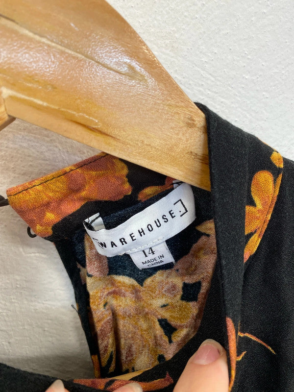 Warehouse Stylish Black & Orange Botanical Pattern Blouse UK 14 GW001