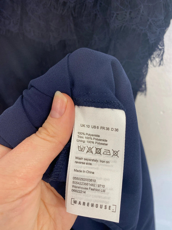 Warehouse Fabulous Navy Lace Midi Sheath Dress UK 10 SW001