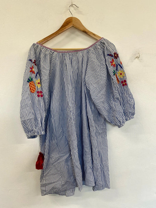 Primark Fabulous Blue & White Embroidered Tassel Accent Smock Top Size M IM001