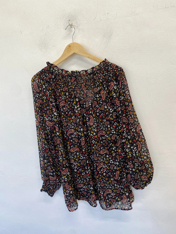 Lovely papaya semi sheer paisley black pattern blouse top Uk 24 IM001