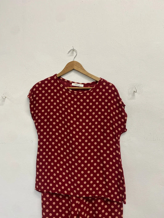 Lovely vanilia red pink polka trouser top set UK 10 SS002