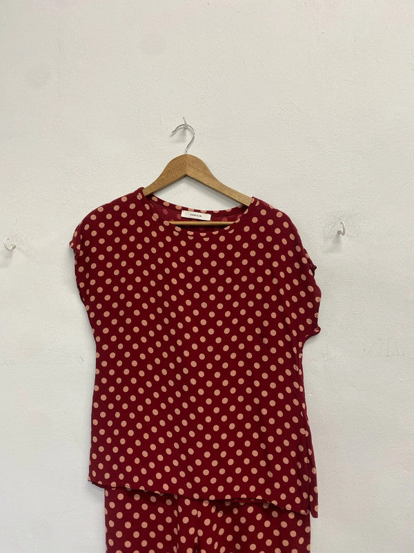 Lovely vanilia red pink polka trouser top set UK 10 SS002