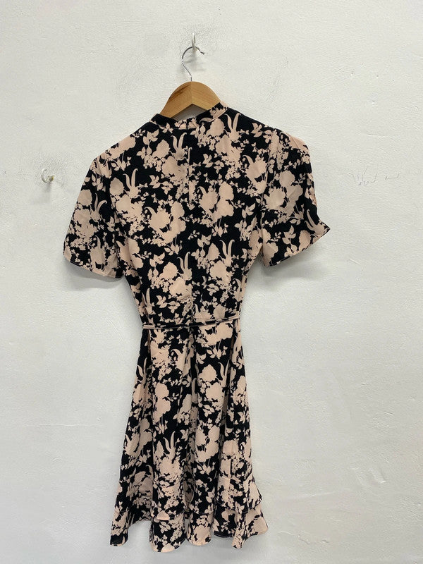 Lovely oasis beige black floral tie waist midi dress UK 8 KM004