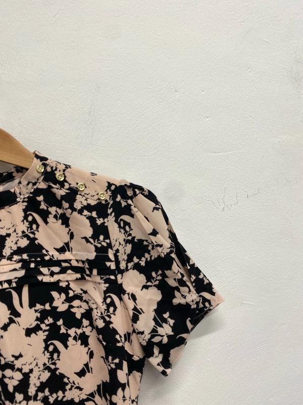 Lovely oasis beige black floral tie waist midi dress UK 8 KM004