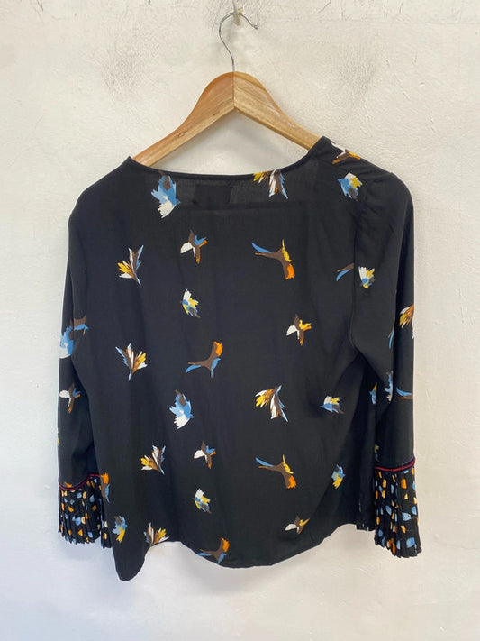 Stunning hush black bird pattern blouse flare sleeve UK 14 KM005