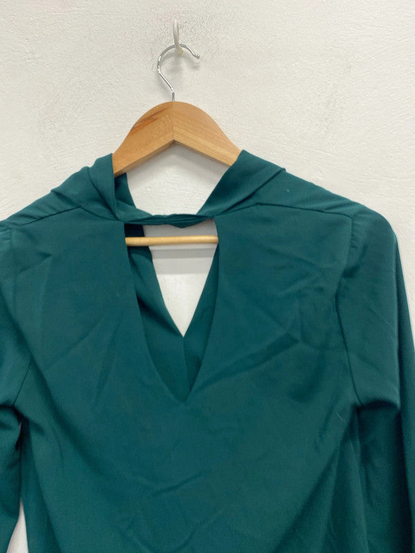 Lovely river island dark green ruched cut out back blouse top UK S KM004