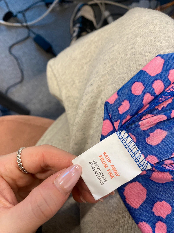 Stunning preppy blue pink neon spotted mini dress UK S LW005