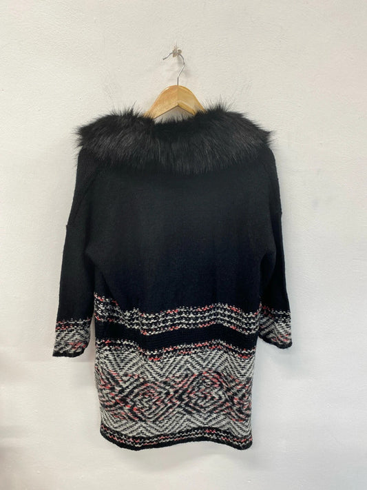 River Island Fabulous Faux Fur Collar Geometric Pattern Longline Cardigan UK 8 KM004