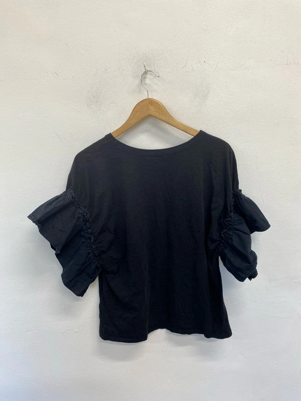 Lovely H&M black frill sleeve t shirt UK M JB001