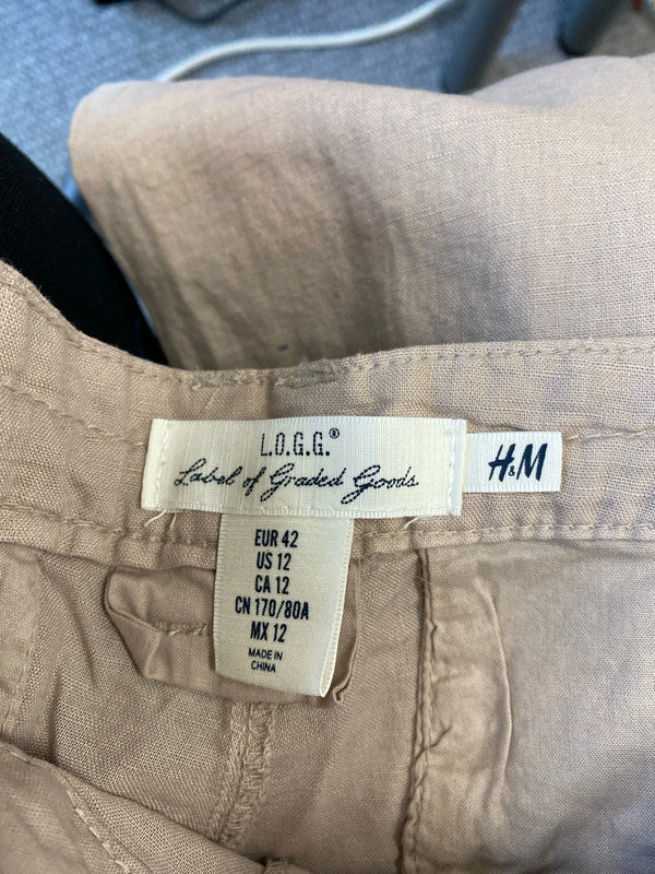 Fabulous Linen cotton taupe wide leg boho trousers Uk14 KM003