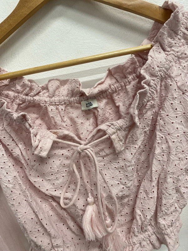 Fabulous river island fairytale pink lace sheer sleeve bardot top with tie neck UK S KM004
