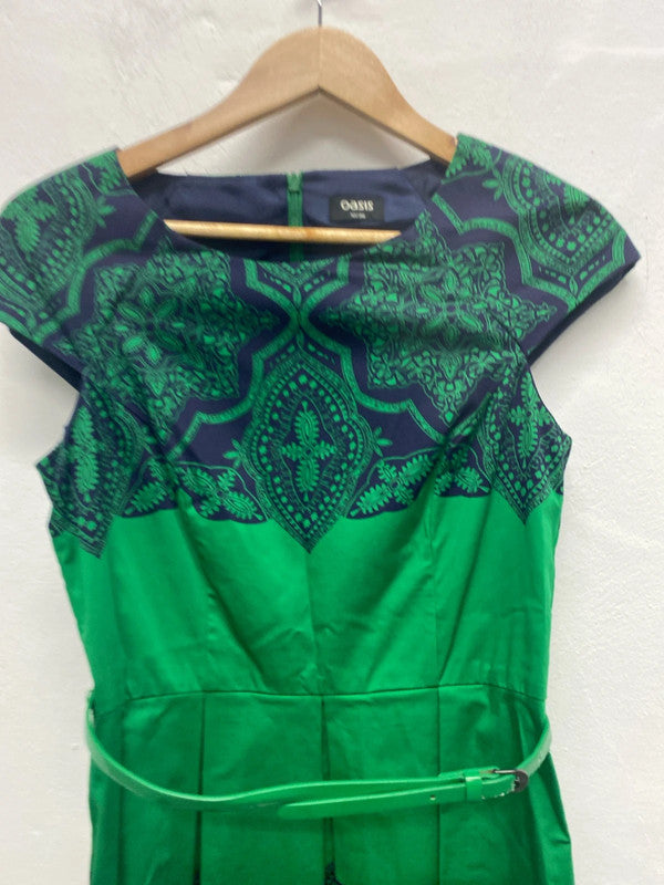 Stunning Oasis emerald Green Navy oriental party dress Uk10 MA003