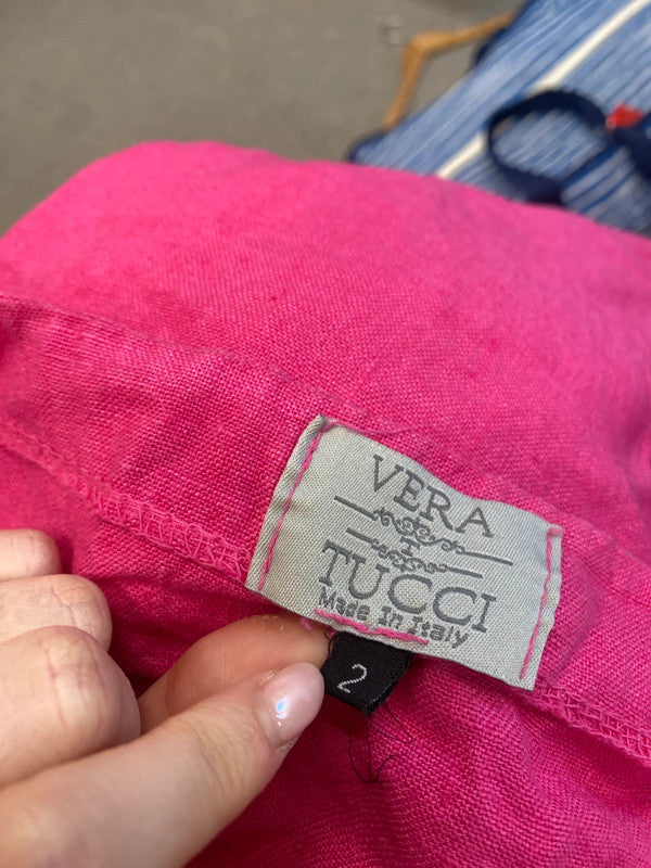Stunning Vera tucci pink dress linen midi UK 14-16 LW005