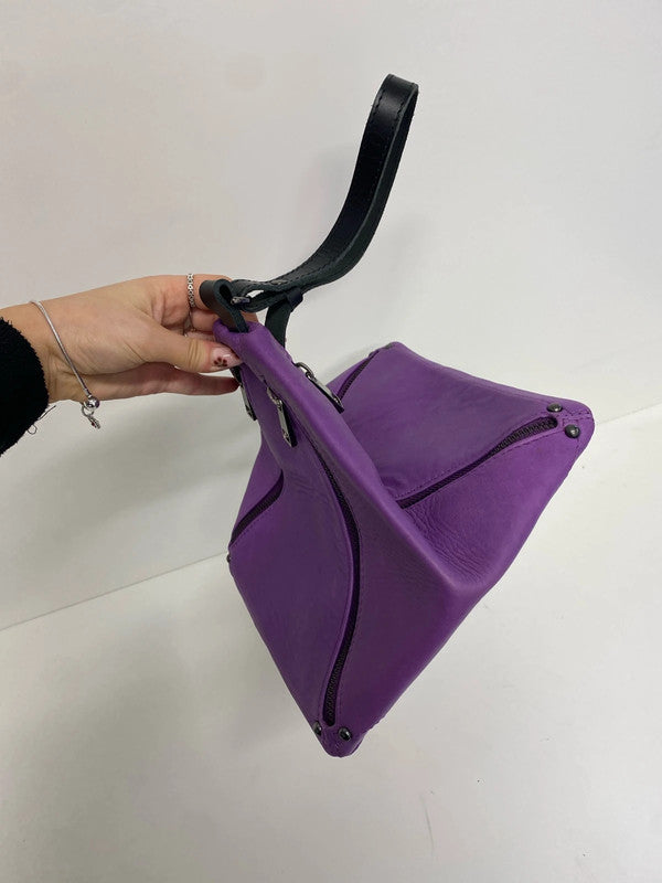 Lovely asos purple real leather 4 zip compartment triangular bag one size AT001