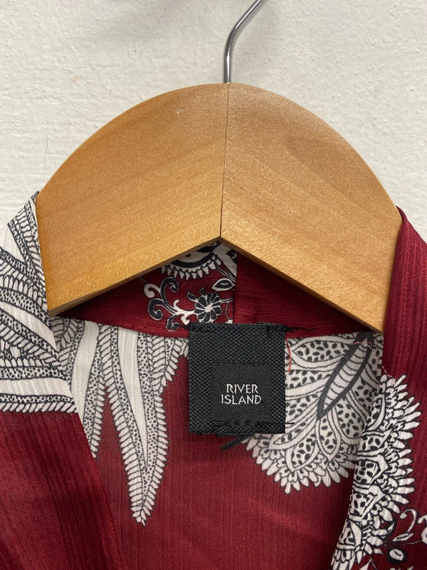 Lovely river island pussy bow red white pattern lace sleeve blouse UK S KM004