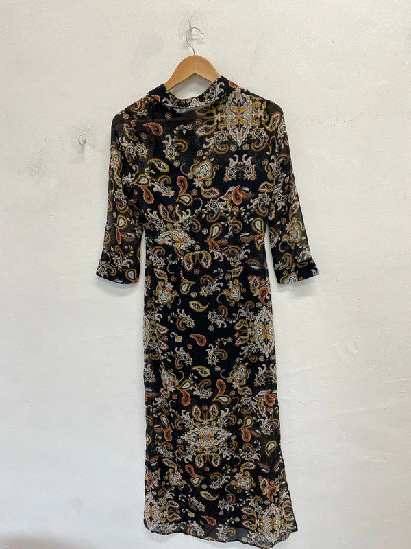 Lovely river island brown white pattern semi sheer slip maxi dress UK 8 KM004