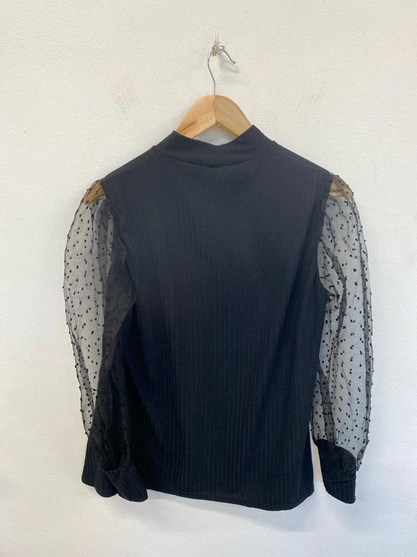 Quiz Elegant Black Ribbed Mesh Sleeve Blouse UK 20 RM002