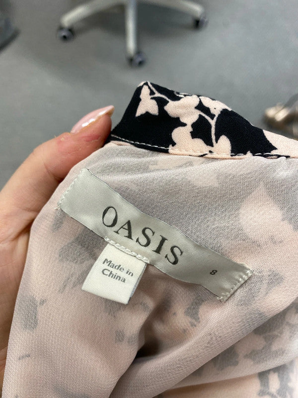 Lovely oasis beige black floral tie waist midi dress UK 8 KM004