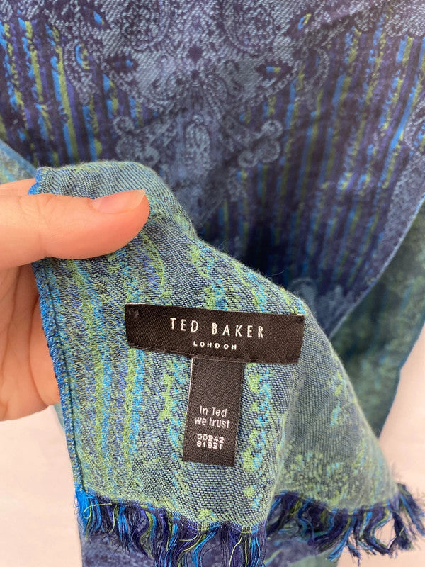 Ted Baker Fabulous Blue & Green Fleur De Lis Silk Cotton Blend Scarf JA002