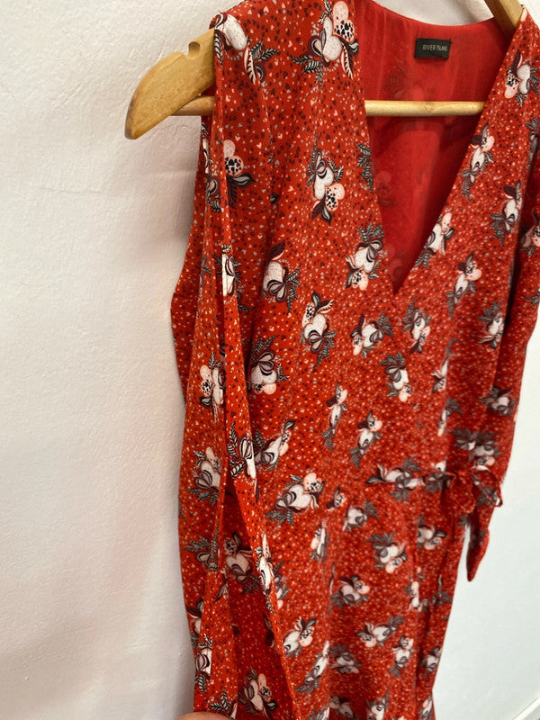 River Island Fabulous Red Hearts Pattern Cold Shoulder Faux Wrap Mini Dress UK 8 KM004