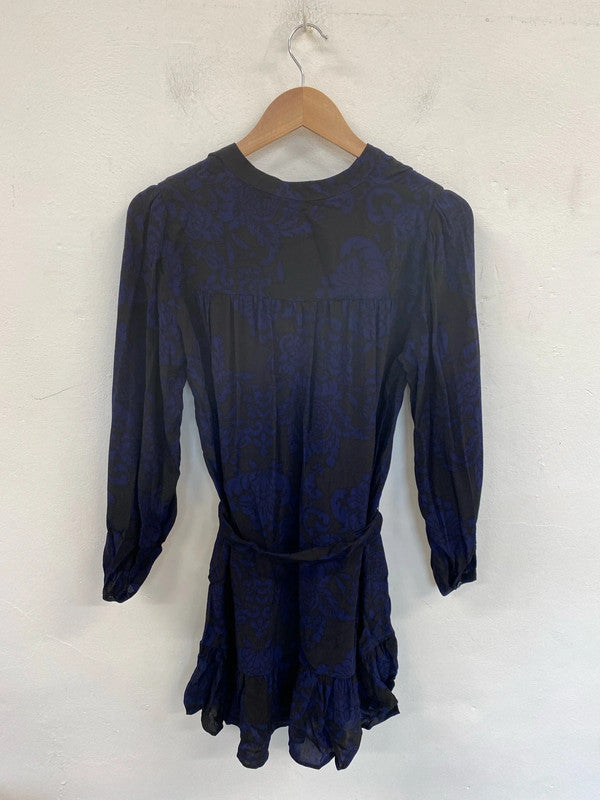 Zara Gorgeous Black & Blue Fleur De Lis Pattern Mini Dress Size M NN001